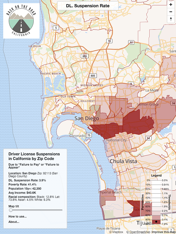 A map shows the driver license suspension rate in the San Diego region. 