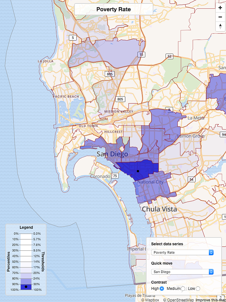 A map shows the poverty rate in the San Diego region. The two maps indicate the highest concentration of drivers license suspensions for failure to appear or failure to pay tickets overlaps with the highest poverty rates in Logan Heights, Golden Hill, North Park, City Heights, College Grove and National City. 